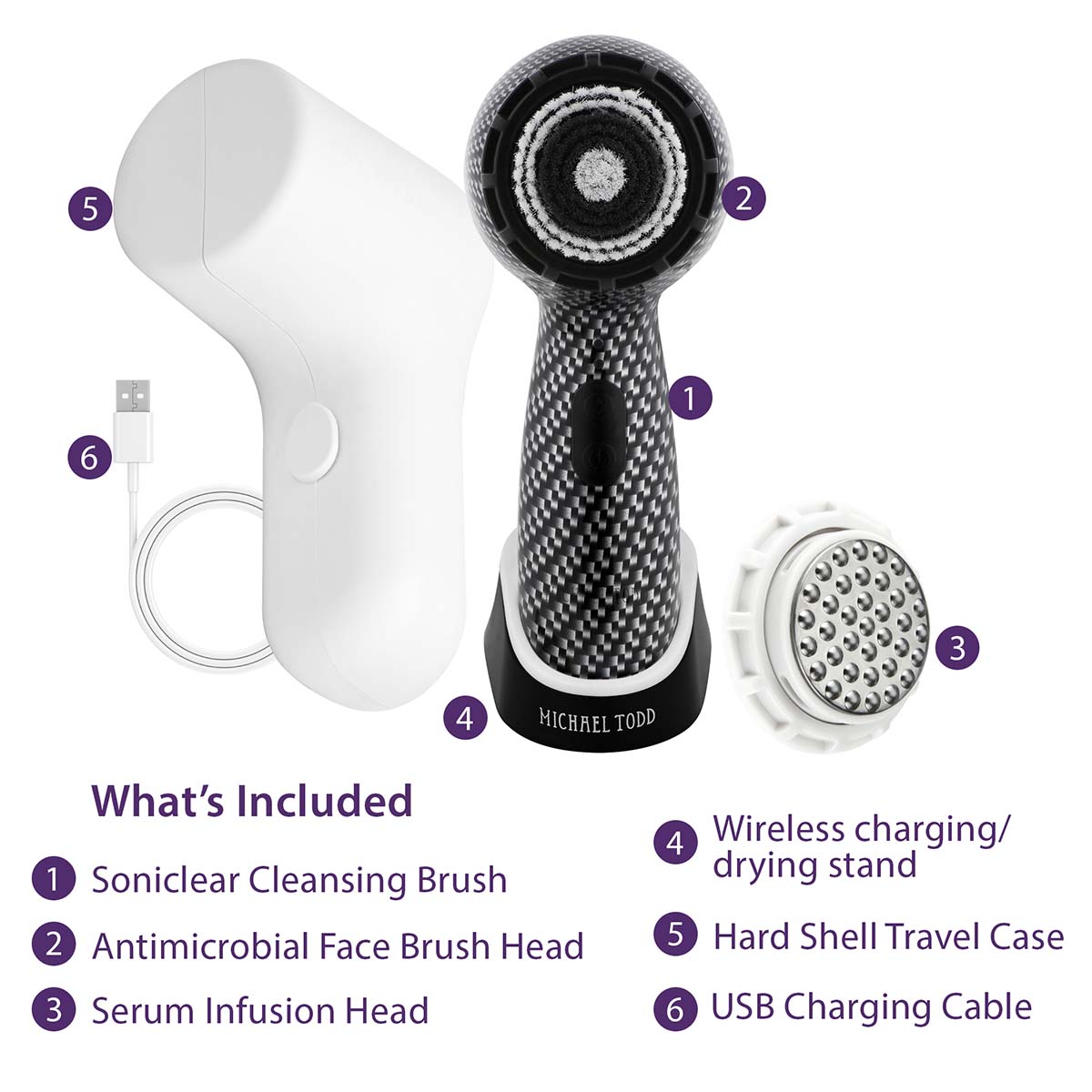 Michael Todd Soniclear Petite Cleasning Brush includes a face brush head, serum infusion head, charging stand with USB cable and travel case