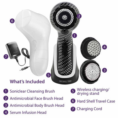 Michael Todd Soniclear Elite cleansing brush includes a face brush head, body brush head, serum infuser, charging stand with cord and a travel case