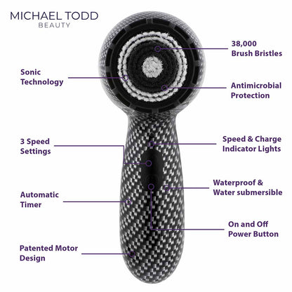 Michael Todd Soniclear Petite Cleasing Brush has 38,00 brush bristles that use sonic technology, is waterproof, has 3 speed settings, and an auto timer. 