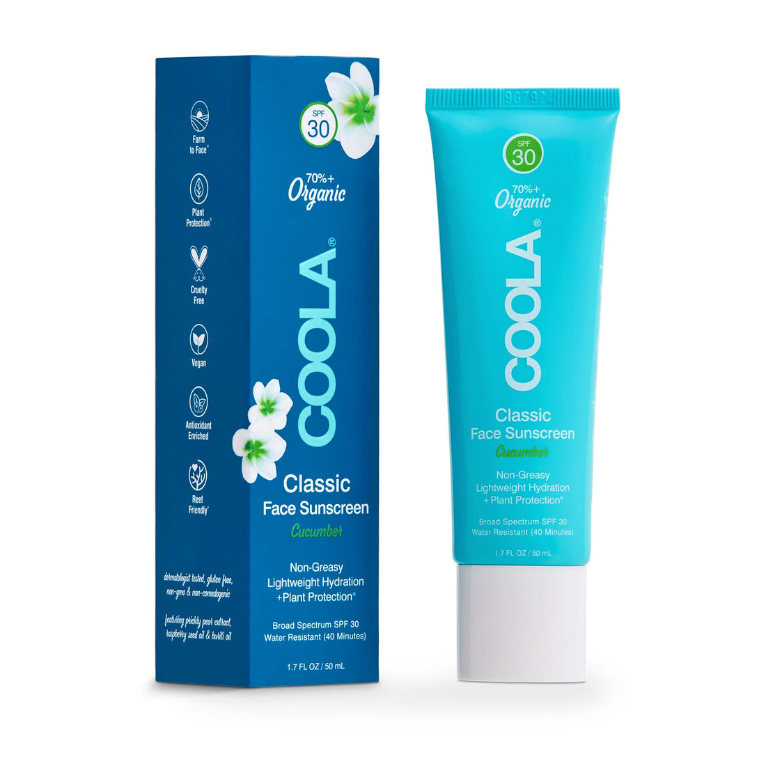 Coola face sunscreen spf 30 cucumber scent is non-greasy, lightweight and great for daily sun protection.
