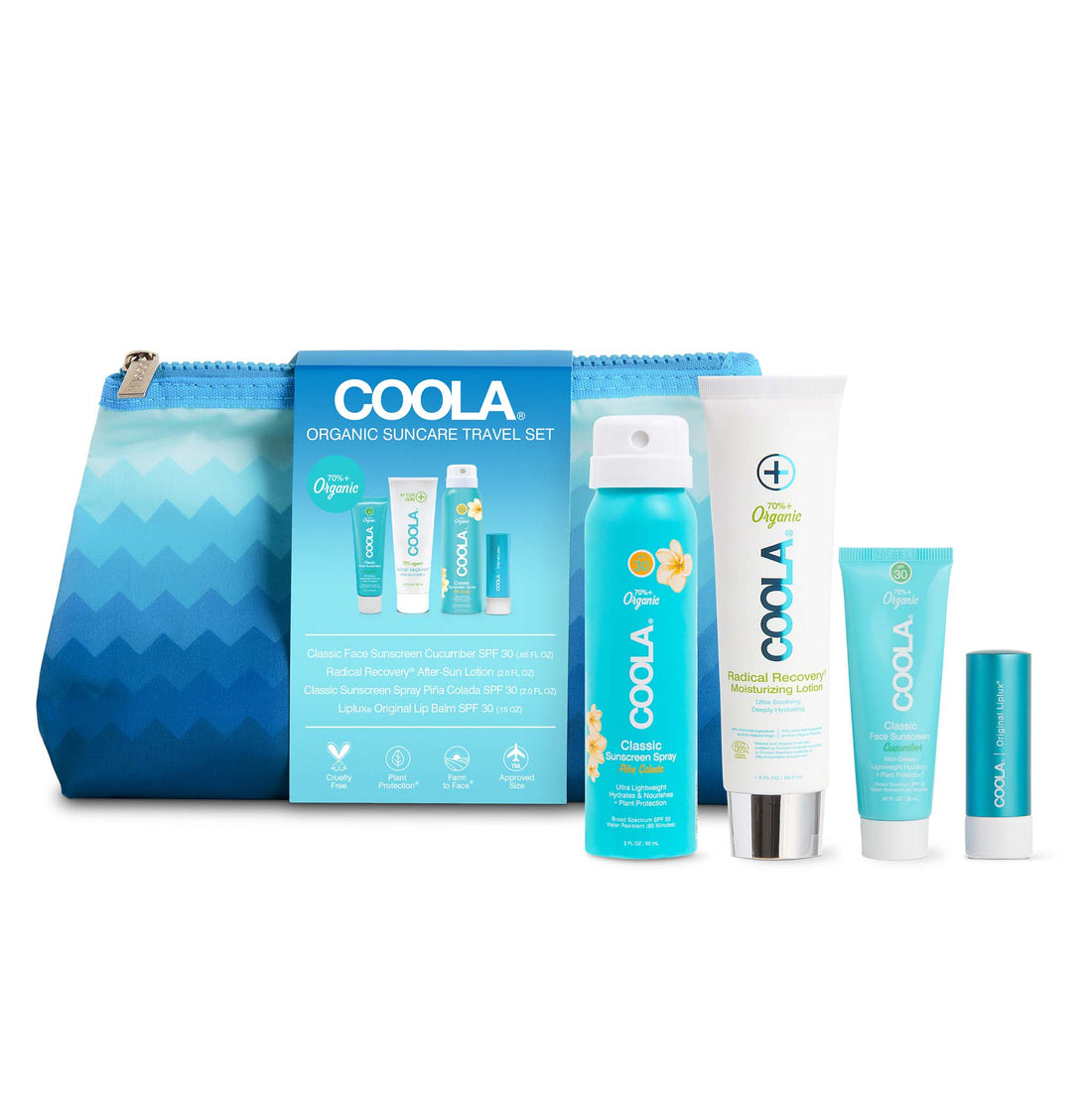 Coola Travel Kit has a travel size body spray, face spf, after sun lotion and an spf lip gloss.