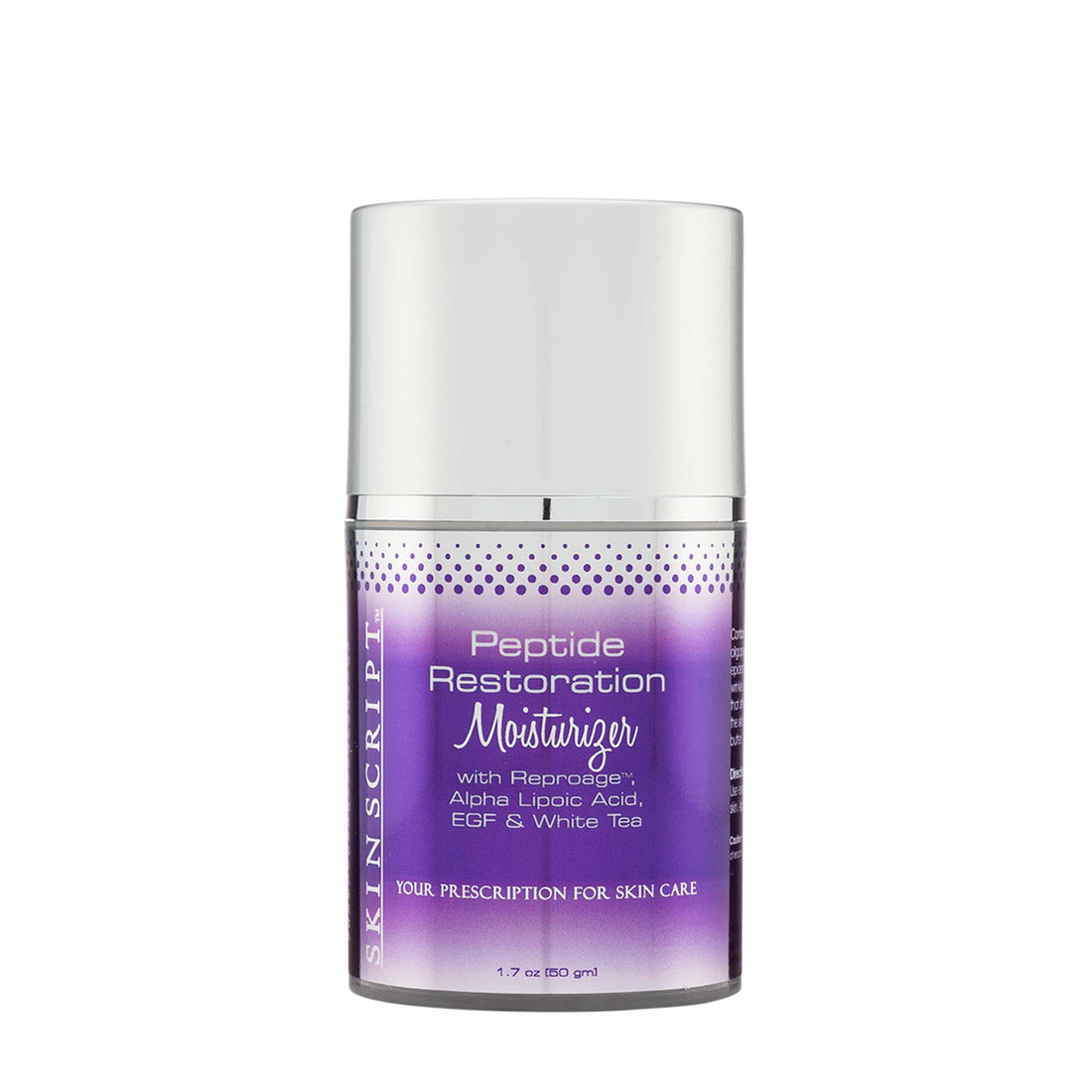 Skin Script Peptide Restoration Moisturizer stimulates fibroblast production and improves the appearance of fine lines and wrinkles.