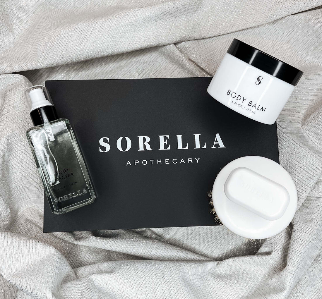 Sorella Apothecary Body Kit includes deeply hydrating products and a dry brush for light exfoliation.